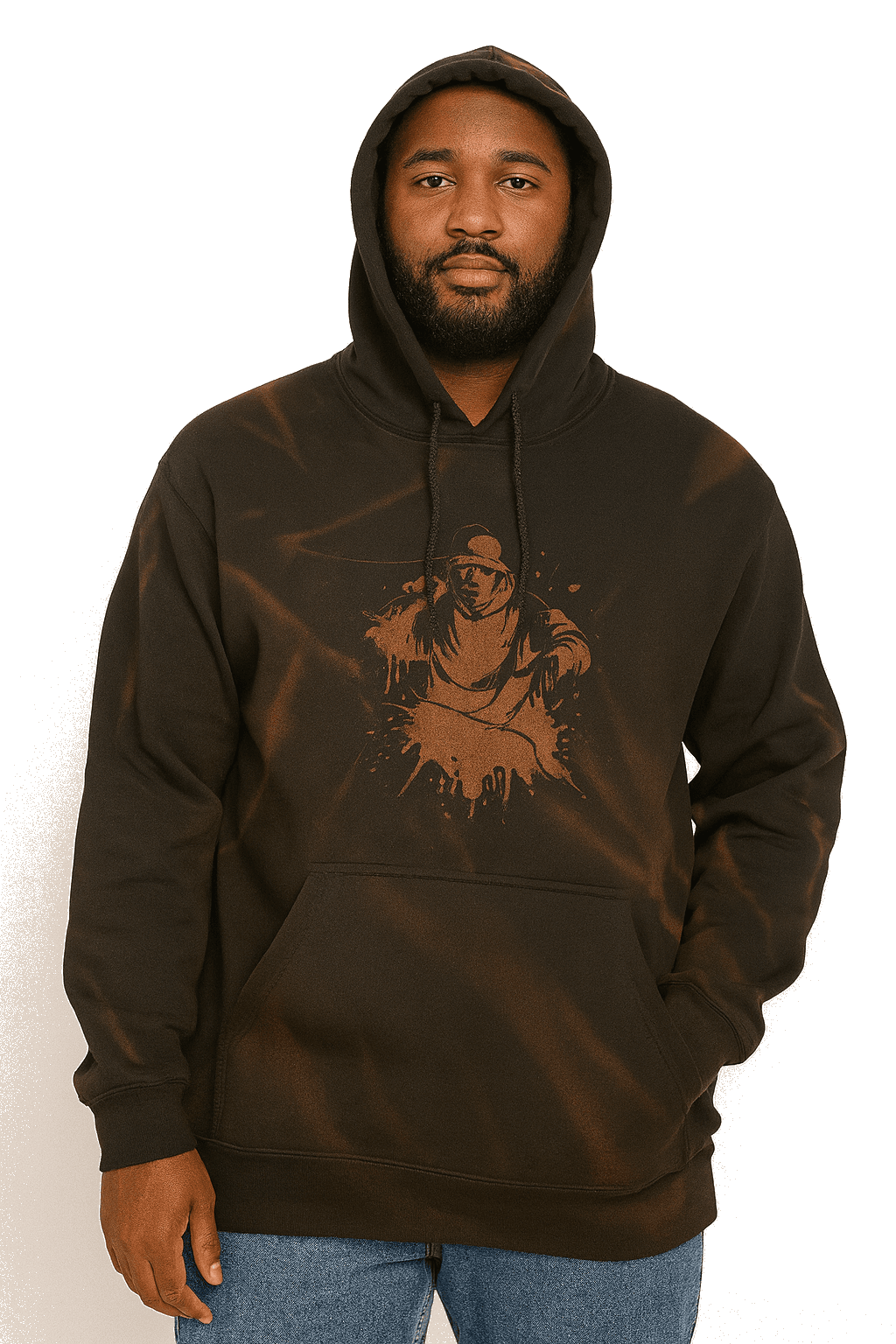 Black graphic hoodie styled on model