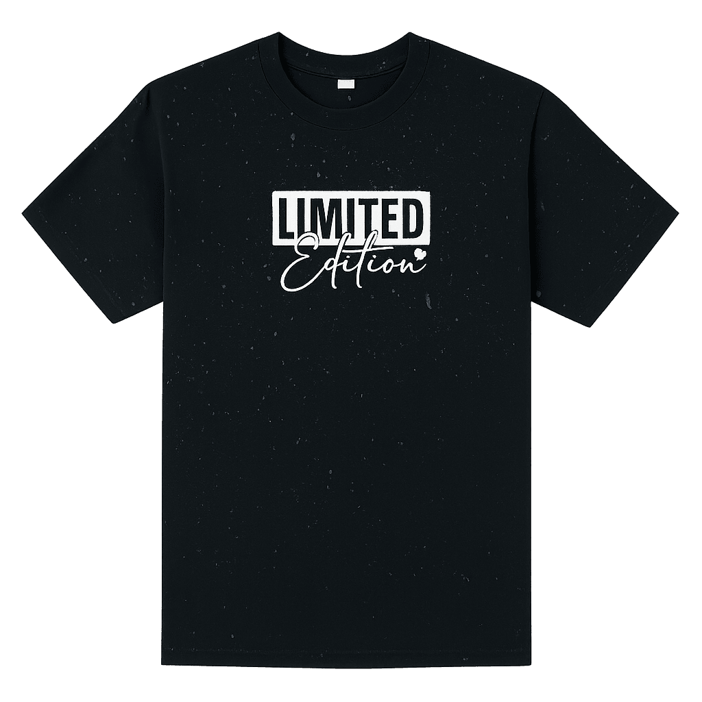 Flat lay black t-shirt showing cotton structure and print